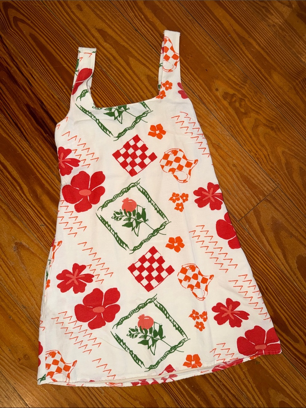 Japna White Mini Dress with Red, Orange and Green Floral Print